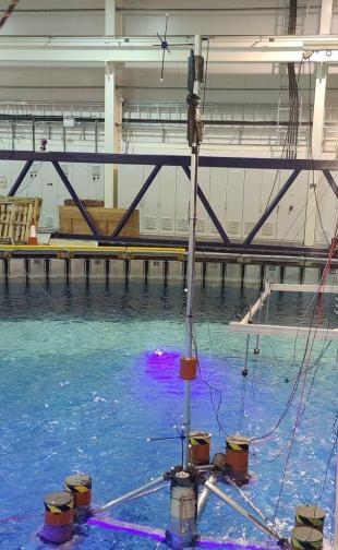 Offshore floating wind platform research equipment in a test tank